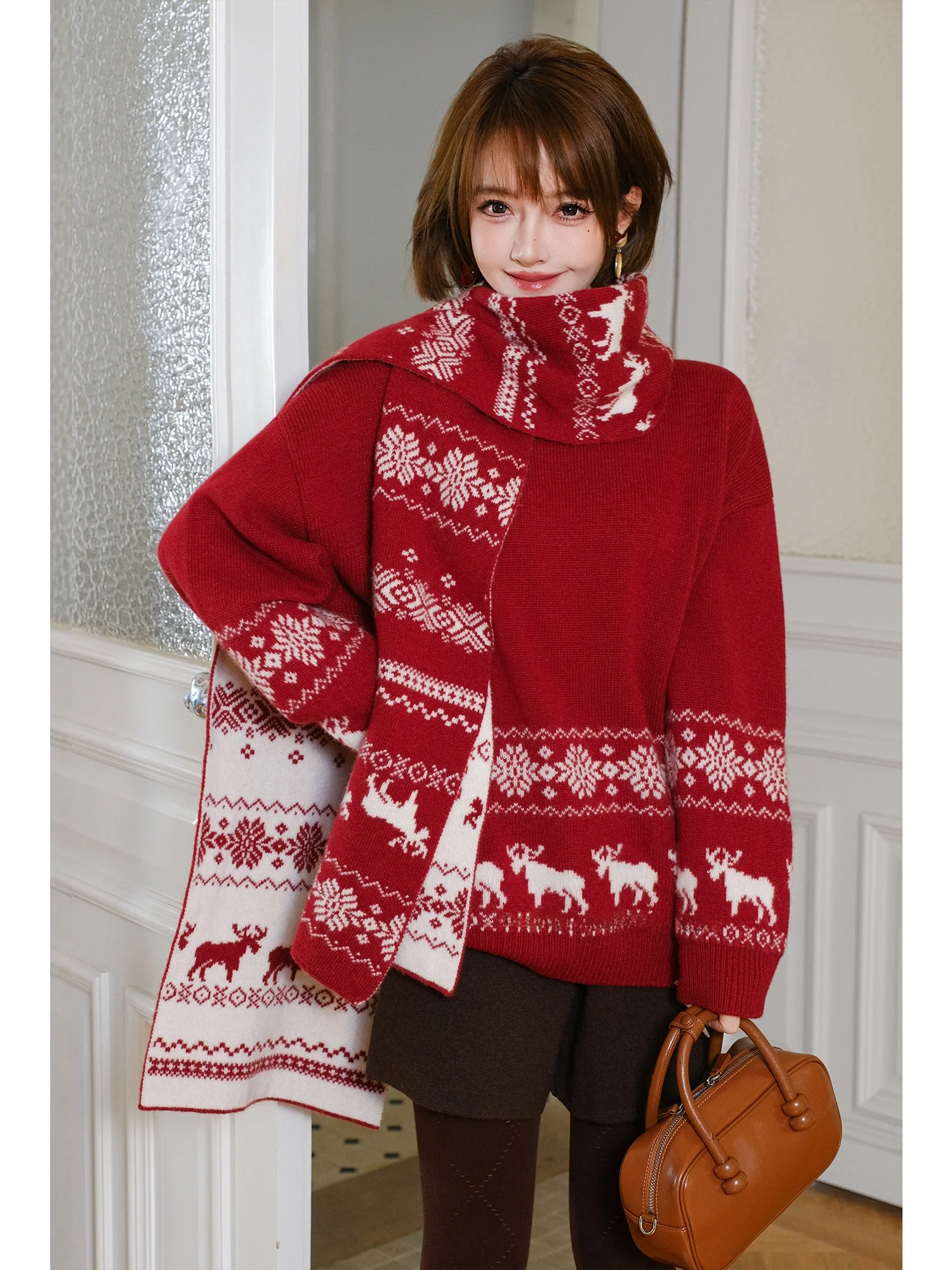 

Вязаный свитер MIUCO Cisas Aosphere с цветочным узором, красный, шерстяной, свободный, винтажный, женский, зимний, теплый, с длинными рукавами