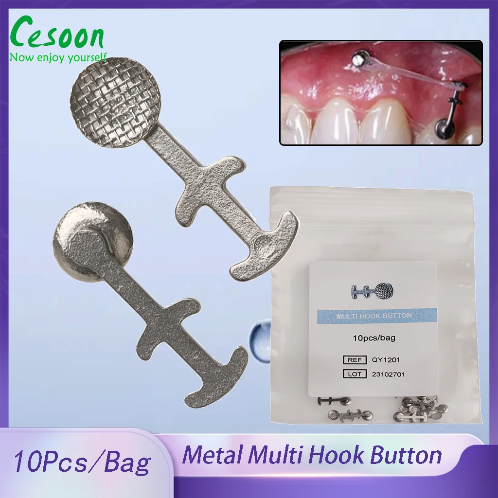 10Pcs Dental Lingual Button Multi-hook Orthodontic Bondable Round Mesh Base With Traction Hooks Dentist Stainless Steel Material