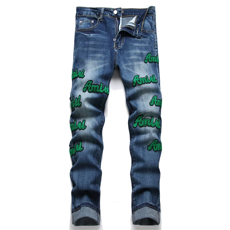 

Men's Green English Embroidered Jeans High-end Fashion Personalized Hip Hop Blue Men's Small Straight Trousers 2024 NEW