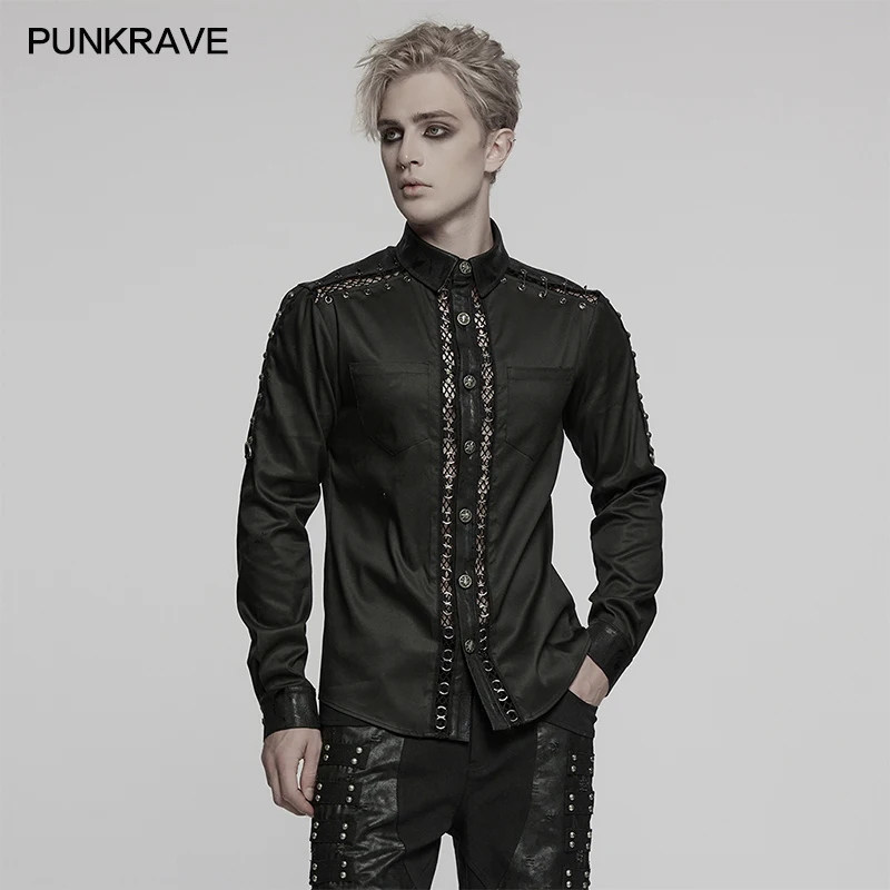 PUNK RAVE Men's Punk Personalized Twill Mesh Rubberized Leather Shirt Symmetrical Shoulder Segmentation Eyelets Handsome Tops