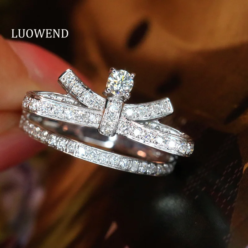 LUOWEND 100% 18K White Gold Rings Romantic Bowknot Shape 0.72carat Real Natural Diamond Ring for Women High Party Jewelry