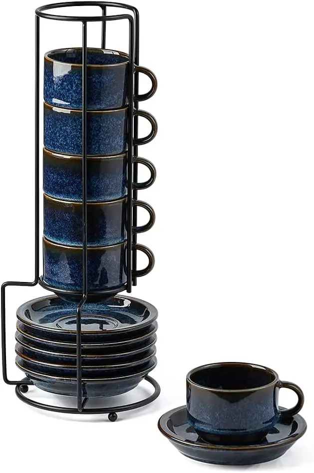 

JIEMEI HOME Porcelain Stackable Espresso Cups with Saucers and Metal Stand,4 Ounce Demitasse Cups for Coffee Drinks, Latte, Tea