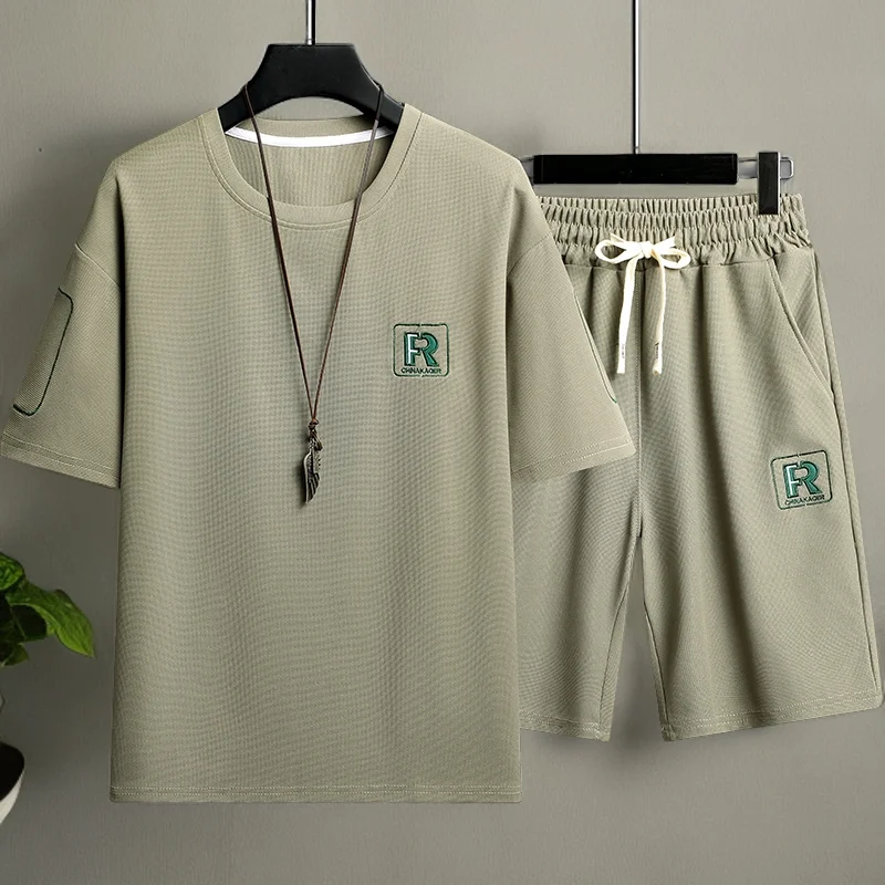 GELITAYIN Summer Suit For Men Embroidered Letters Printed Sports Outdoor Breathable Mesh Sets Lightweight Shorts Set Streetwear