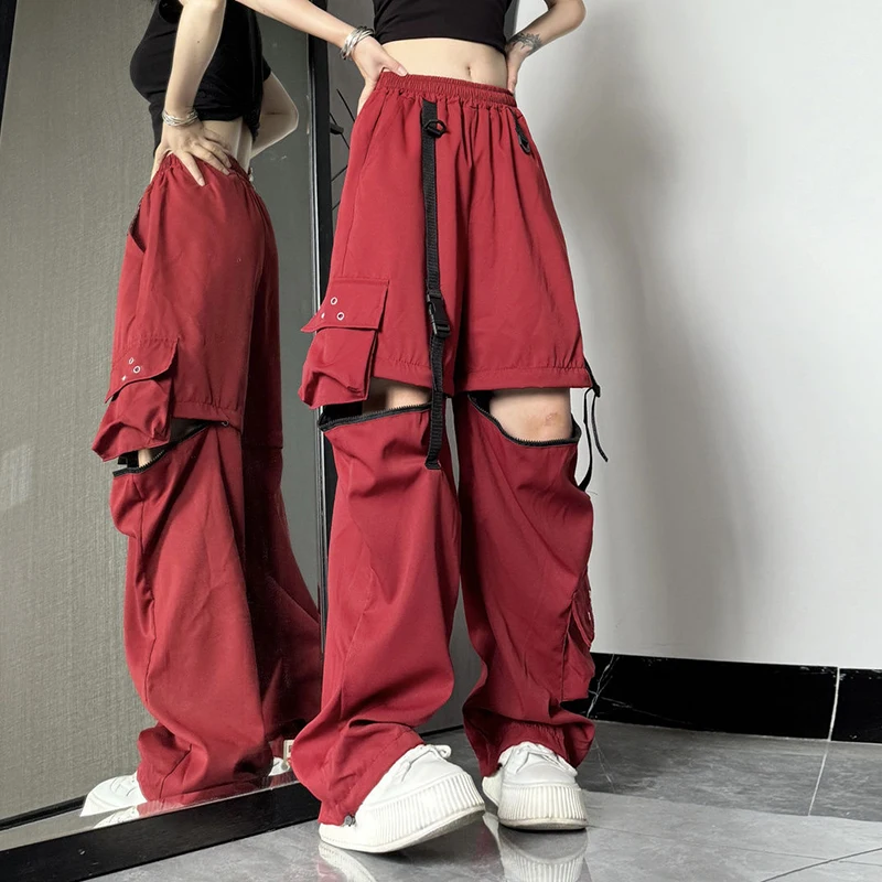 

Streetwear Detachable Y2K Cargo Pants Women Korean Vintage Baggy High Waist Trousers Female Patchwork Hollow Out Wide Leg Pant
