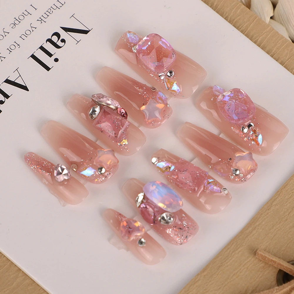 Medium Length Fake Nails 3D Rhinestone Designs Nude Pink Color Press on Nails Ballerina False Nails Pure Handmade DIY Manicure