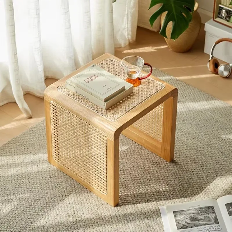 Vintage Rattan Vanity Stool, Solid Wood Low-Rimmed Chair, Durable Shoe Change Seating, Rustic Wooden Doorstep Stool.