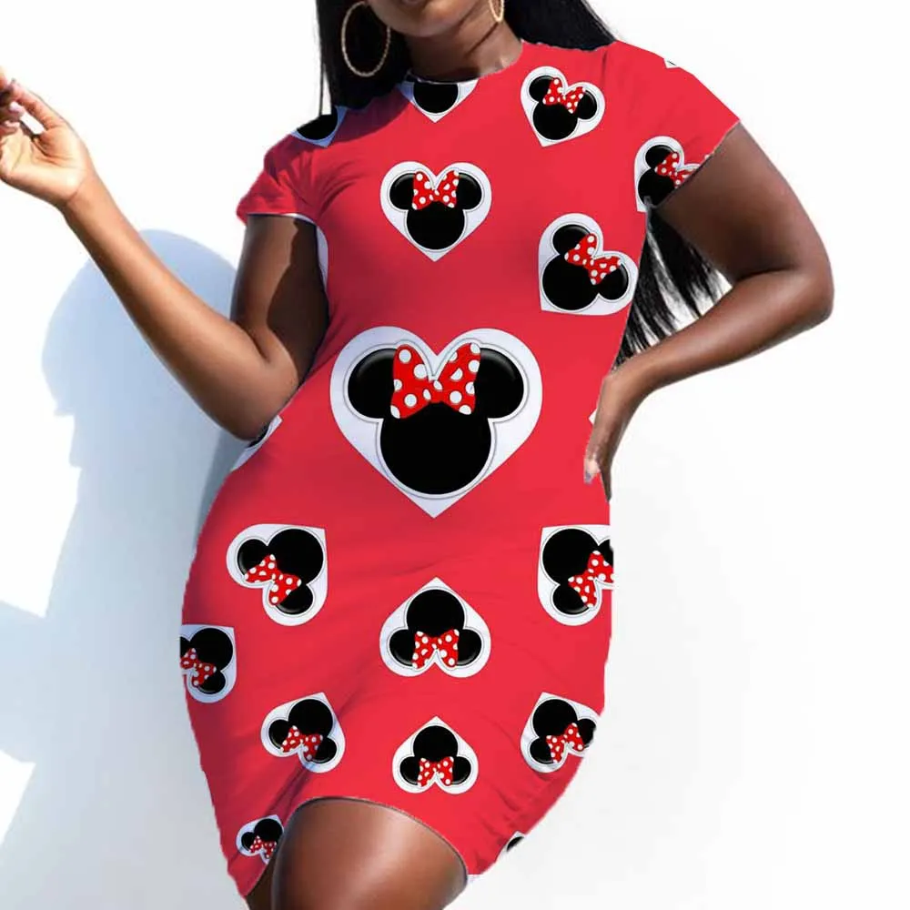 Disney-vestido de tubo grande con estampado de Minnie Mouse para mujer, abrigo minimalista, vestido de oficina, manga corta, elegante, verano, 5XL