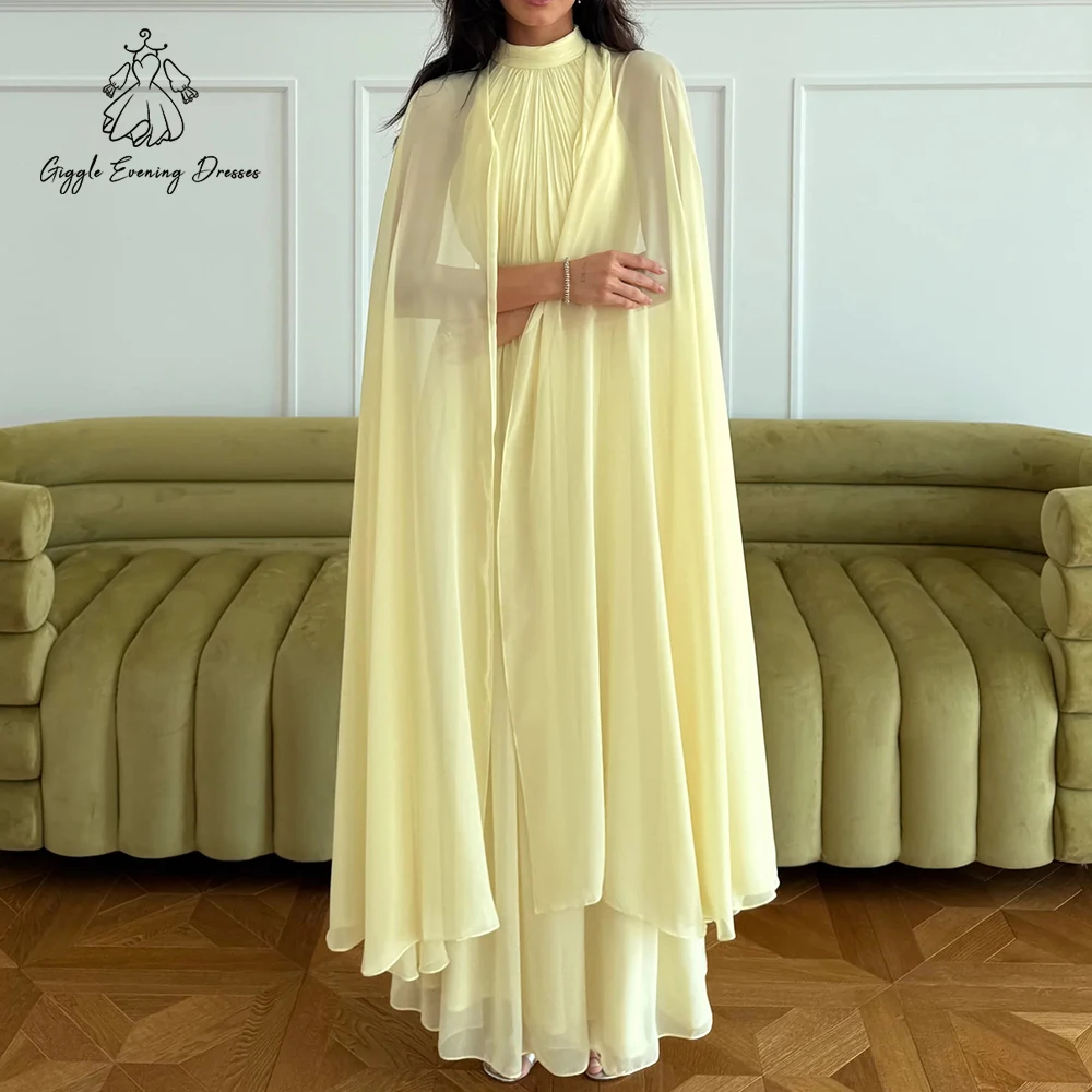 Giggle Stilvolle, schlichte, gelbe, plissierte Ballkleider, fließende Cape-Ärmel, elegante Abendkleider aus Chiffon für Damen, individuell gestaltet