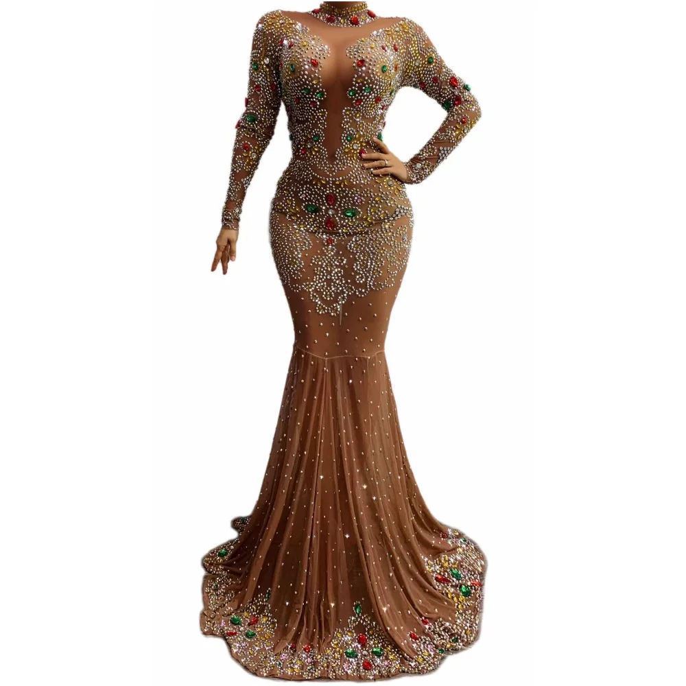 

Long Brown Shining Rhinestones Sexy Dress For Women Evening Banquet Clothing Festival Ballroom Wear Entertainers Costumes