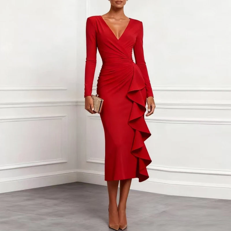 Simple Solid Slim Fit Banquet Evening Dress Temperament V-Neck Long Sleeved Dress Elegant Ruffle Edge Pleated Waist Cinch Dress