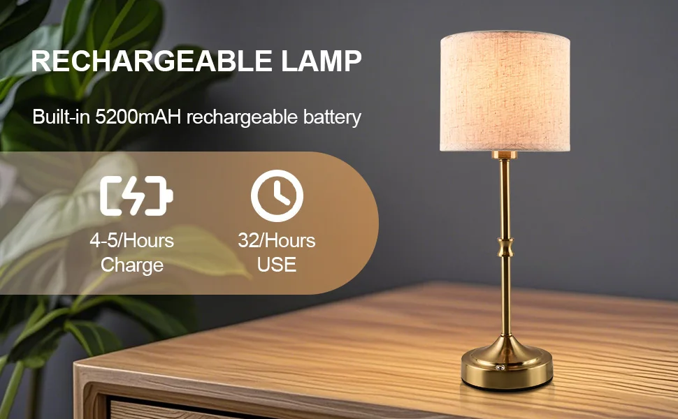 Cordless Table Lamps Rechargeable Battery Lamp with 3-Level Dimmable Fabric Touch Bedside Lamps for Bedroom, Living Room