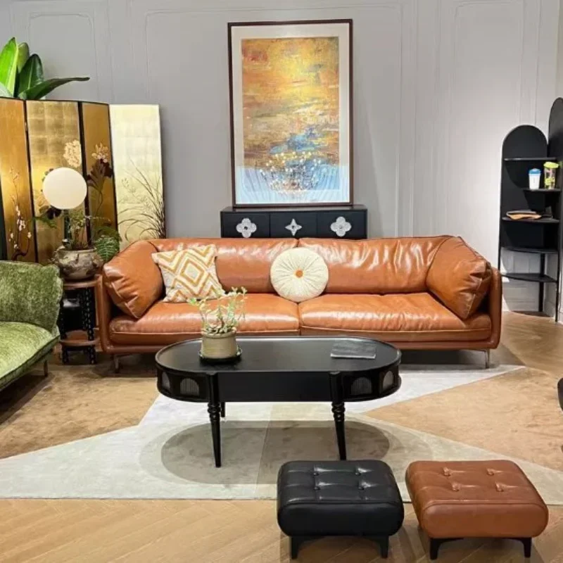 Italian minimalist leather sofa, small apartment, straight row of three people, oil wax leather first layer cowhide sofa