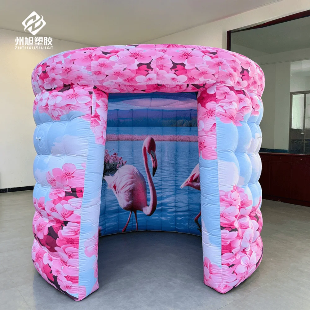 Inflatable cherry blossom arch, with flamingo background, portable inflatable photo booth tent, suitable for party events