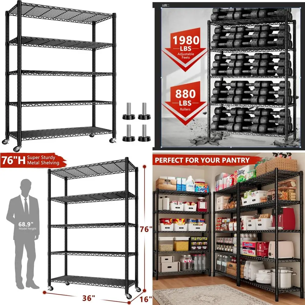 

Сверхмощные 5-ярусные металлические полки для хранения с колесами, вмещает 1980 фунтов, высота 766, диаметр труб 25 мм, проволочные стеллажи промышленного класса