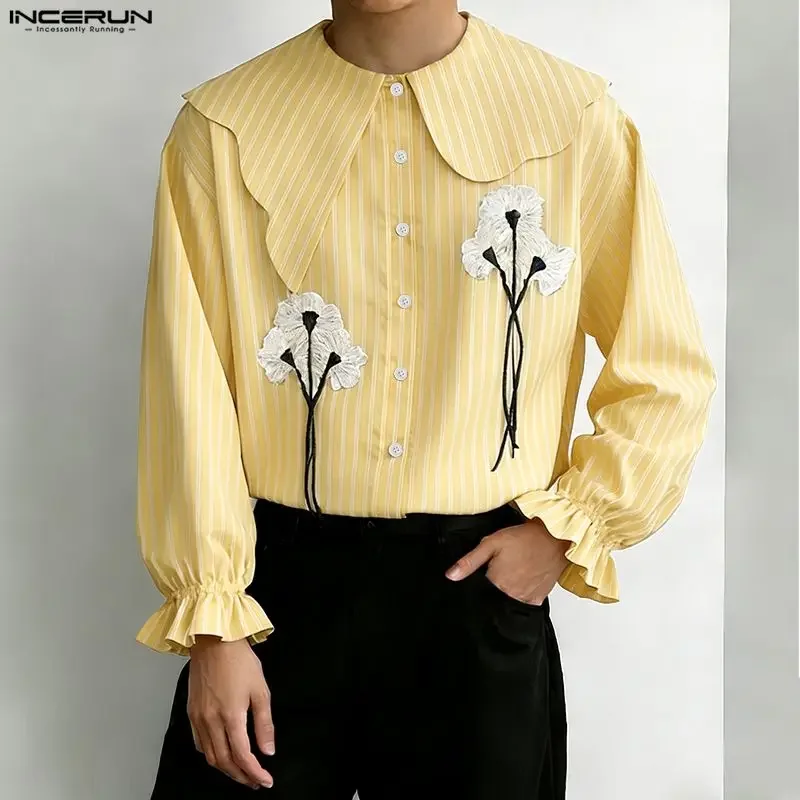 INCERUN Herrenhemd mit asymmetrischem Kragen, Revers, langen Ärmeln, gestreiftem Druck, lässige Herrenbekleidung, Streetwear, locker geschnitten, 2026 Mode-Oberteile