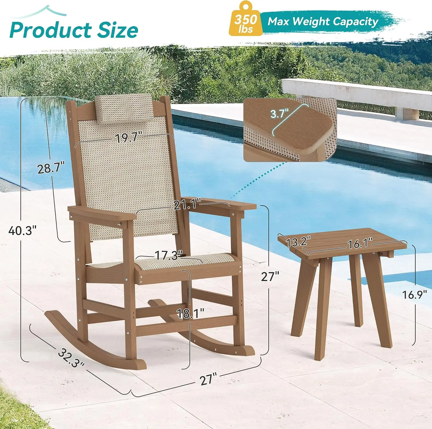 3-Piece Outdoor Rocking Chair Set, HDPE Patio Rocking Chair with Removable Headrest, Breathable Textilene & Table, All-Weather R