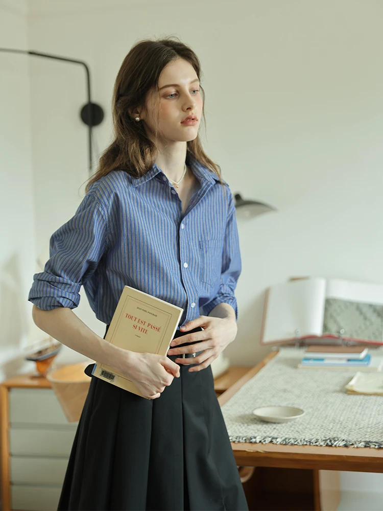 

Spring Casual Loose Long Sleeve Women's Cotton Shirt Blue Stripe Vintage Style Commute Friendly Versatile Layering Top