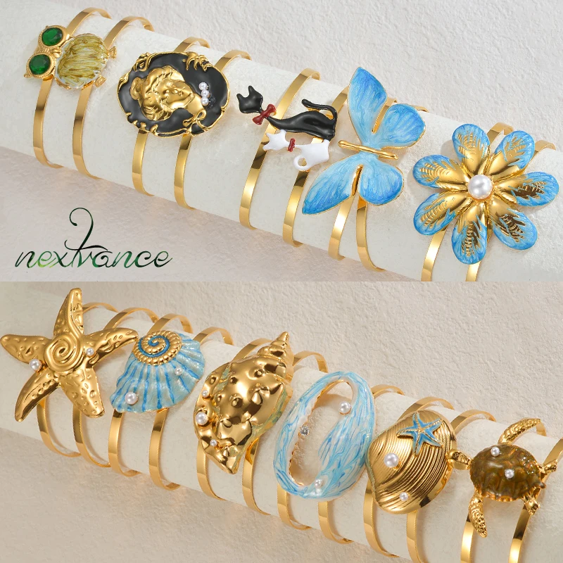 Nextvance Multiple Styles Ocean Element Starfish Shell Open Bangles For Women Stainless Steel Gold Plated Bracelet Jewelry Gifts