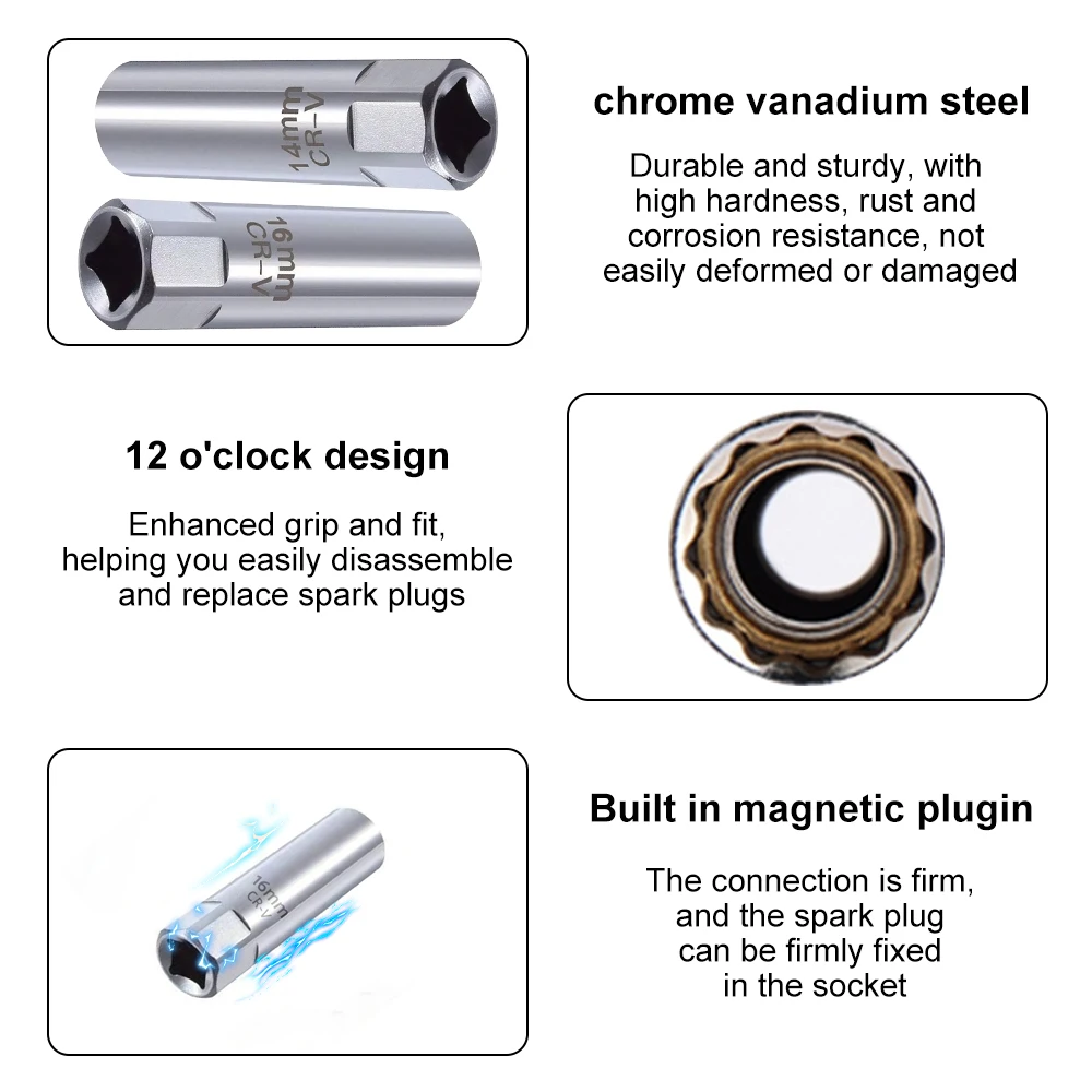 Spark Plug Socket Wrench Key Adapter 14mm 16mm Install Replace Repair Kit Torque Magnetic Remove Removal Auto Repair Tool