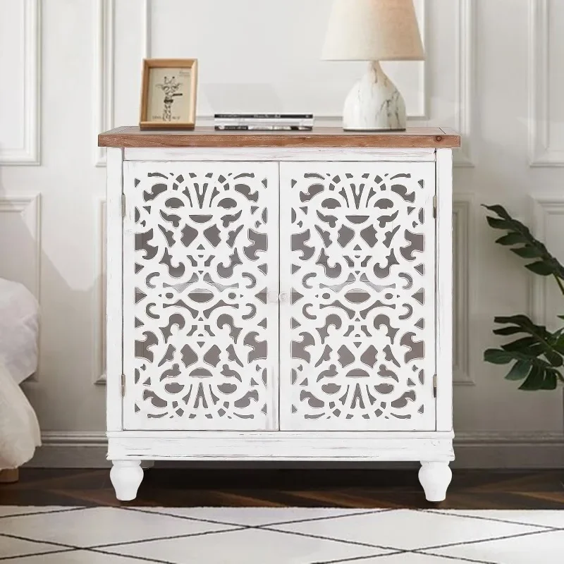 

ZHENXIANG Buffet Cabinet Hollow-Carved 2-Door Cabinet Sideboard Credenza Farmhouse Handmade Accent Cabinet Living Room