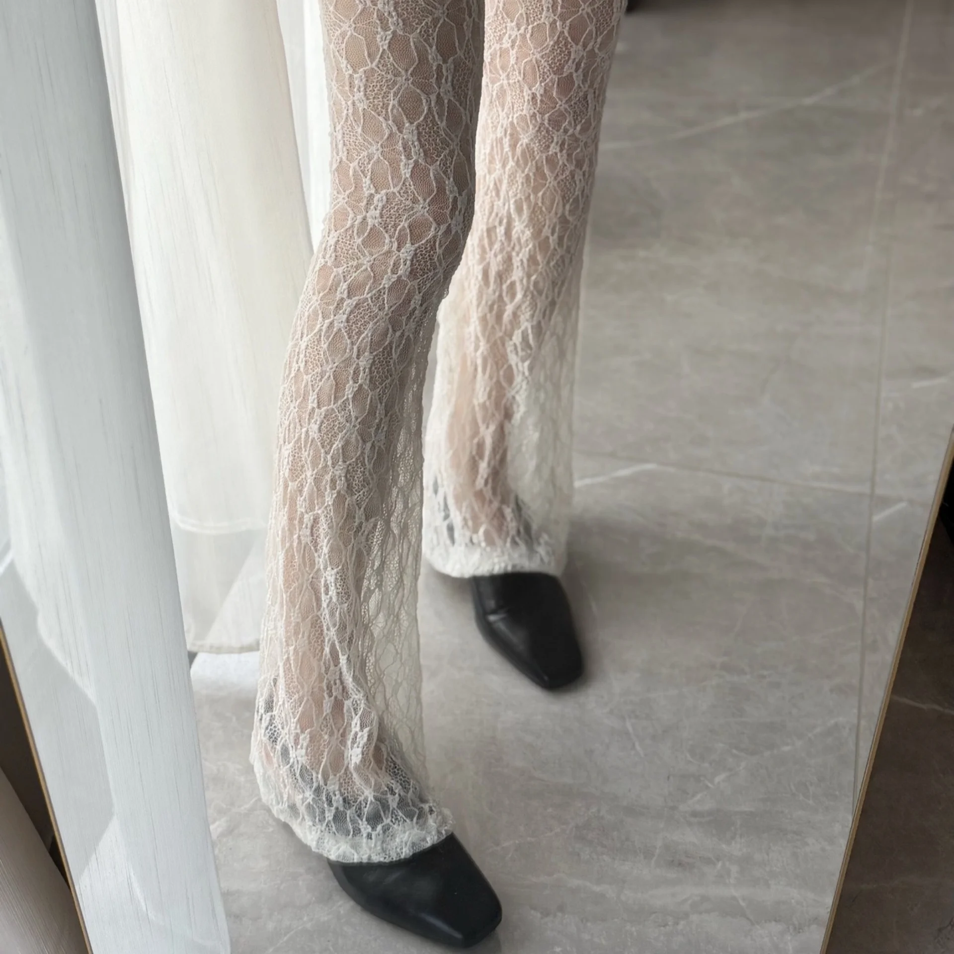 Y2K Hollow Out Lace Flare Pants Ladies Elastic High Waist Sheer Mesh Bell Bottom Pants Casual Beach Cover Up Trousers Decoration