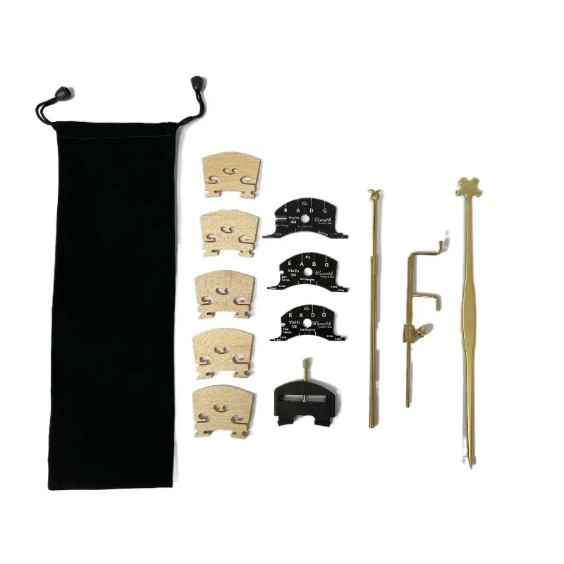 Polished Violin Bridge & Tuning Peg Tools Set, Stringing Hooks, Clamps, Length Measuring Calipers