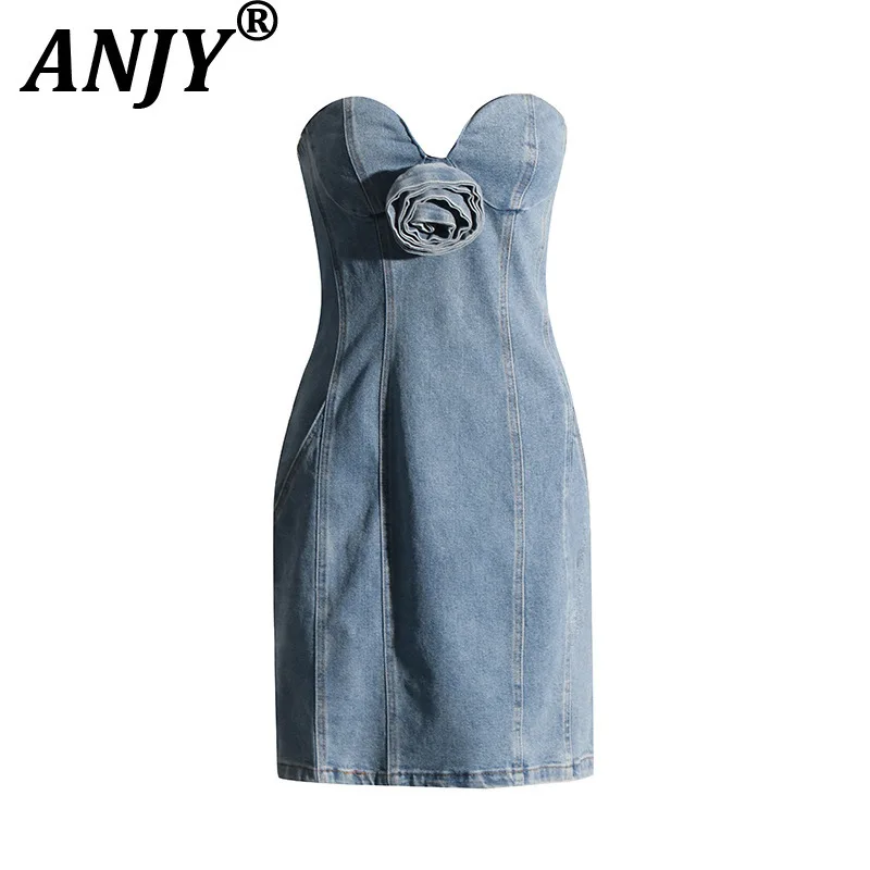 

ANJY 2025 Summer New Style Spicy Girl Denim Tube Top Floral Dress Denim Dress Waist Slimming Sexy Bodycon Dress A7210