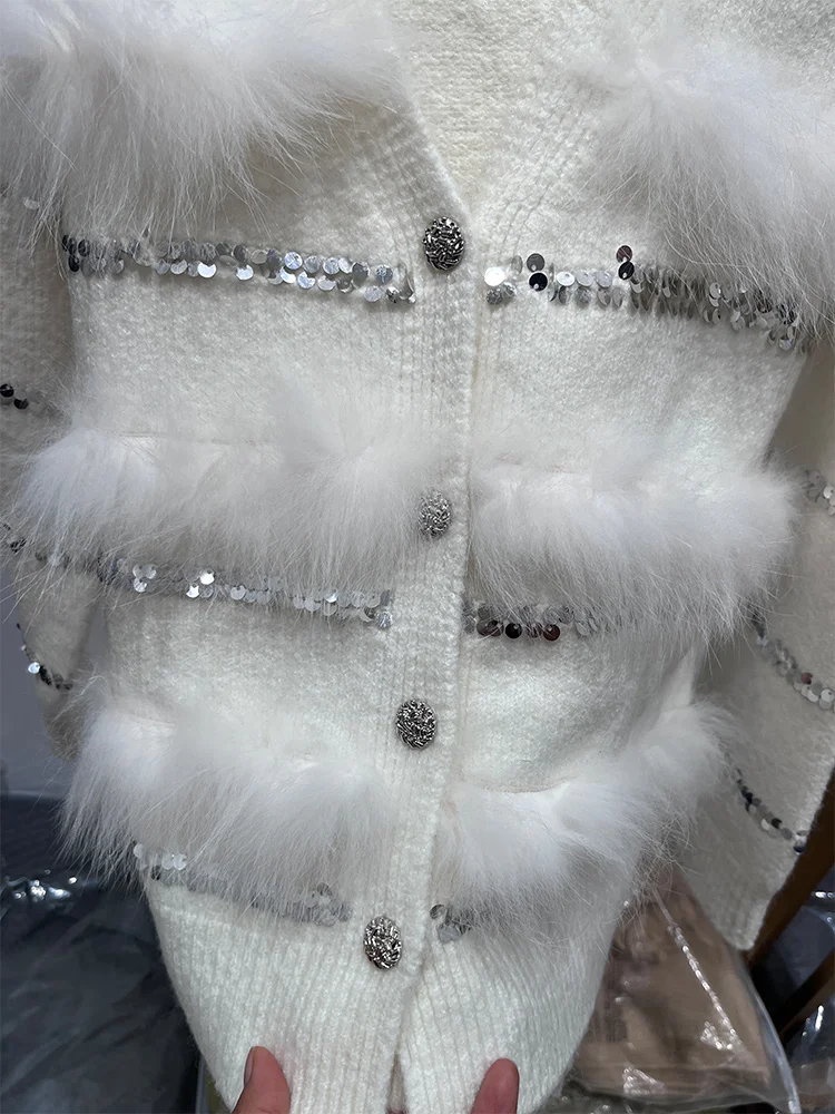 2025 여성 봄 가을 여성 패션 천연 리얼 폭스 퍼 니트 가디건 오버사이즈 코트 폭스 퍼 장식 스웨터