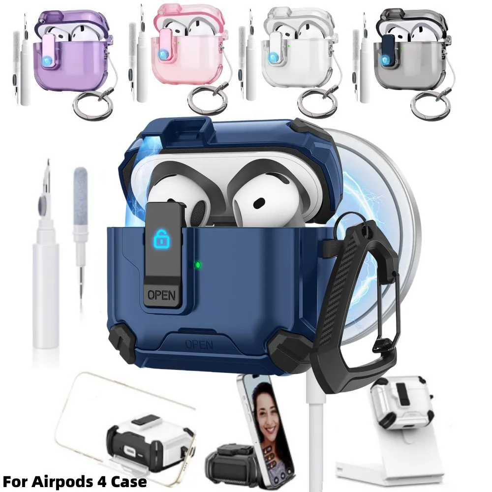 Etui na AirPods 4 z uchwytem na telefon Automatyczne otwieranie Pełna ochrona Bezpieczne etui z zestawem czyszczącym i brelokiem do kluczy dla AirPods 4