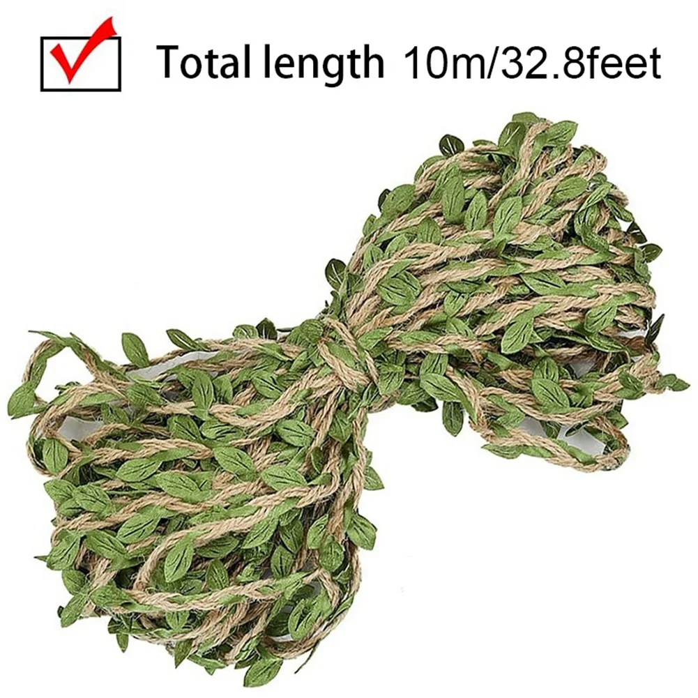 -ABPU натуральный джутовый шпагат 5 мм гессианский шпагат с искусственными листьями джутовый шпагат для DIY подарочной упаковки свадебный сад (32,8 футов)