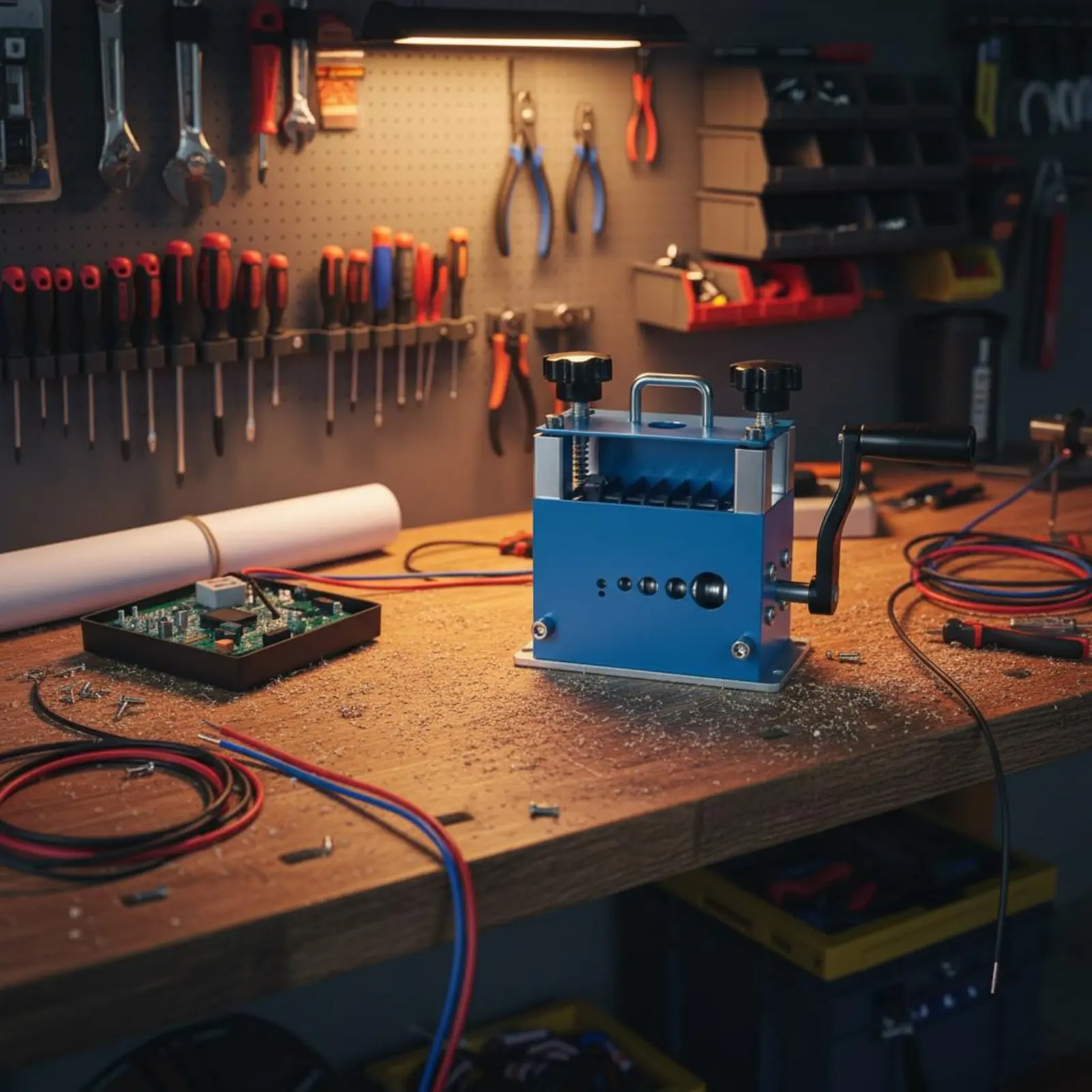 Imagen 7: Pelacables manual de manivela de doble accionamiento con múltiples orificios, herramienta eficiente para pelar cables en el taller