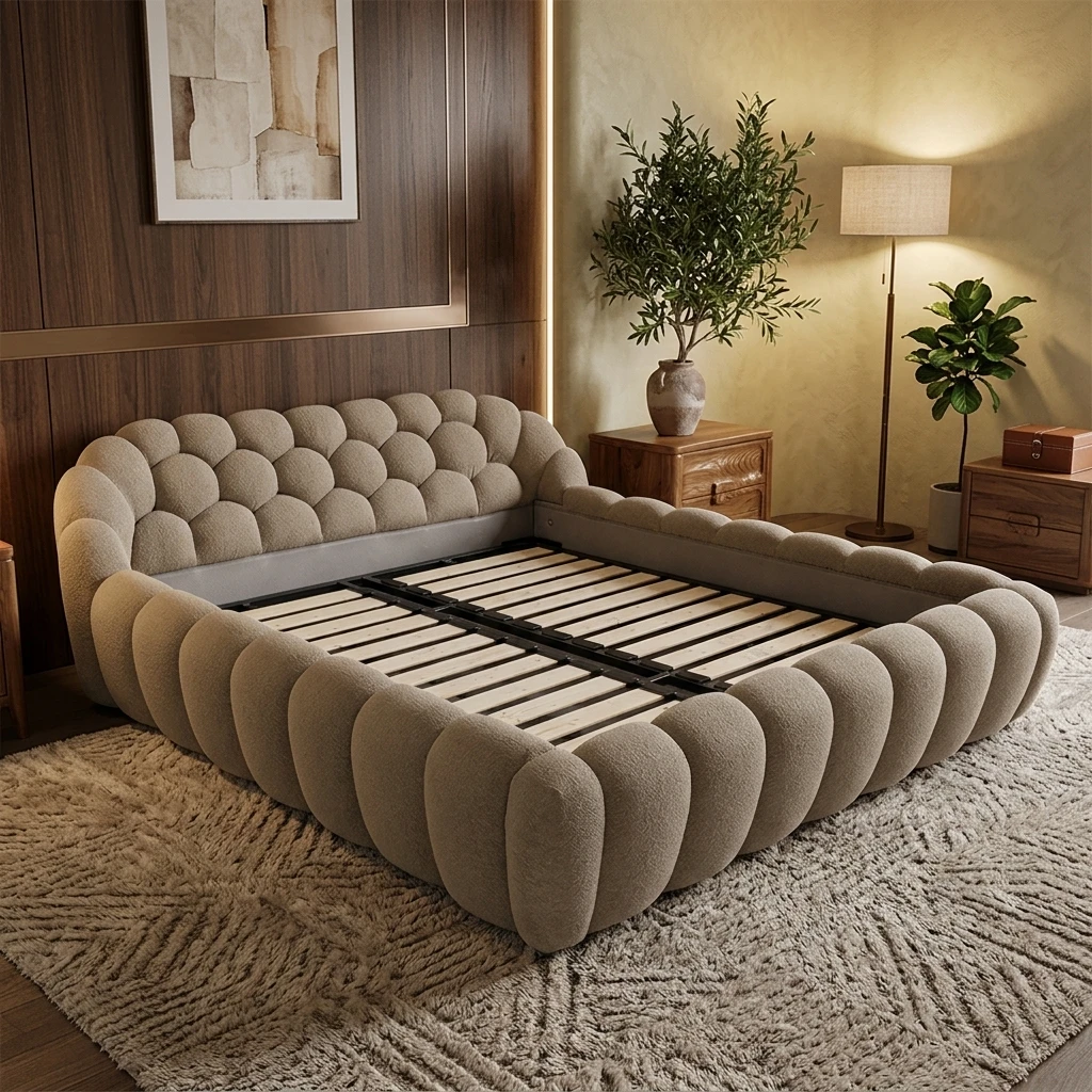 Italian Fabric Bubble Luxury Bed King Size Modern Minimalist Metal Frame Soft Contemporary Style Bubble Bed Furniture