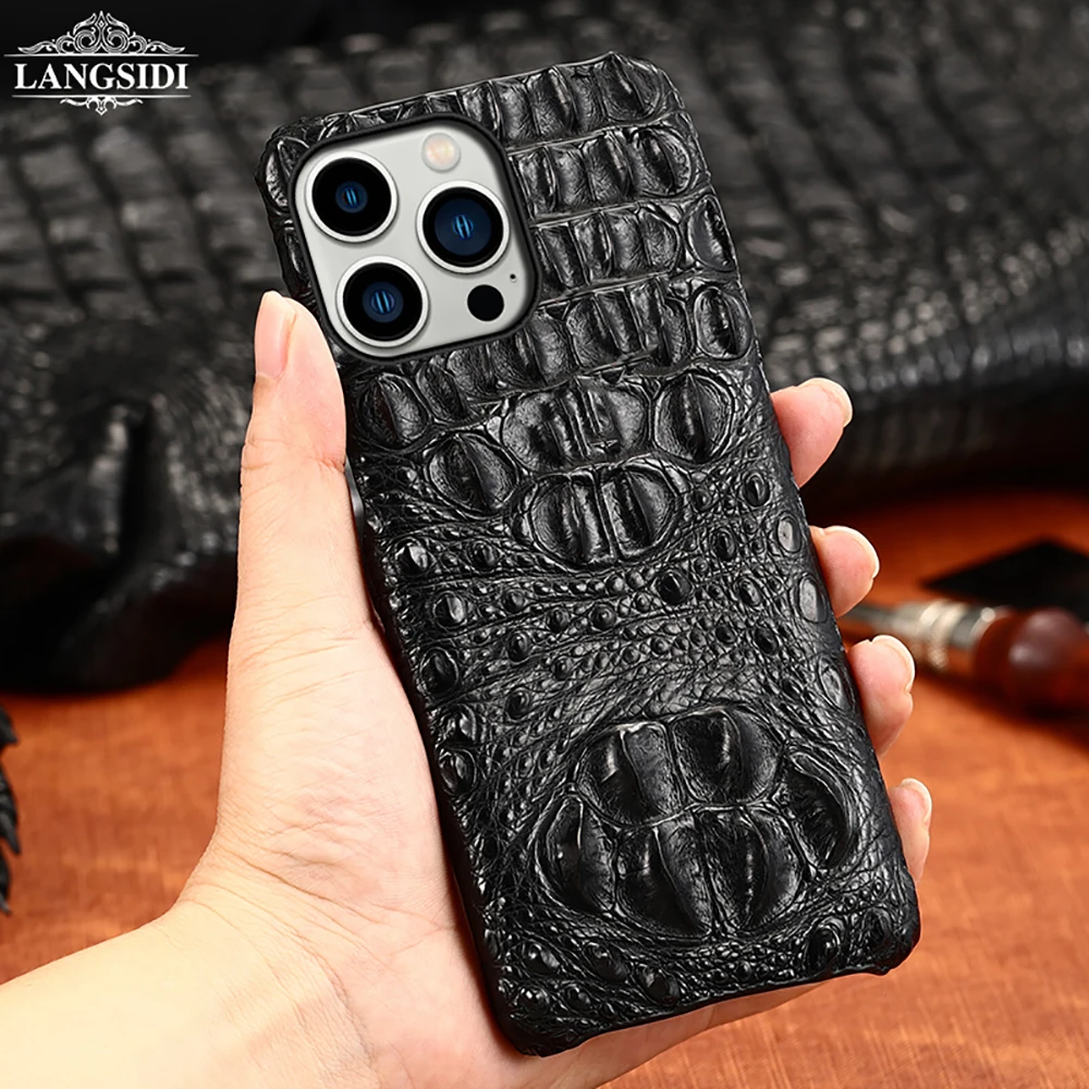 LANGSIDI Crocodile Genuine Leather case For Iphone 15 14 pro max 13 Pro max 12 mini 11 xs max Original Luxury back cover fundas