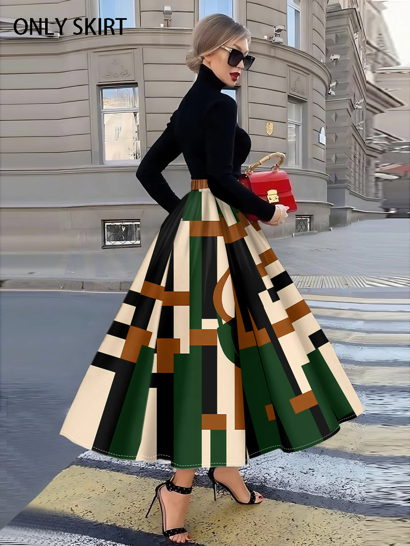 Printed Design Casual Style Geometric Blocks In Earth Tones Skirt