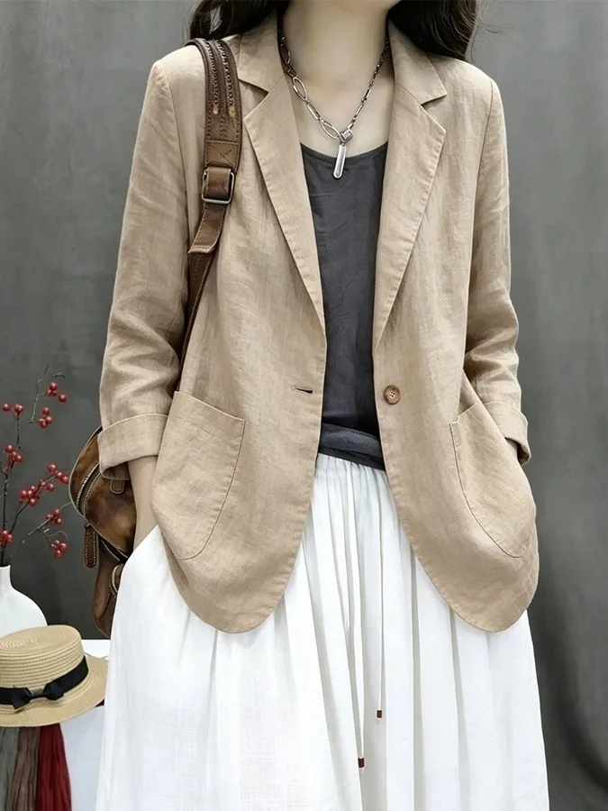 Authentic 2026 Autumn New Style Slim Fit Cotton Linen Jacket Women's Fashionable Thin Outerwear Long Sleeve One Button Coat