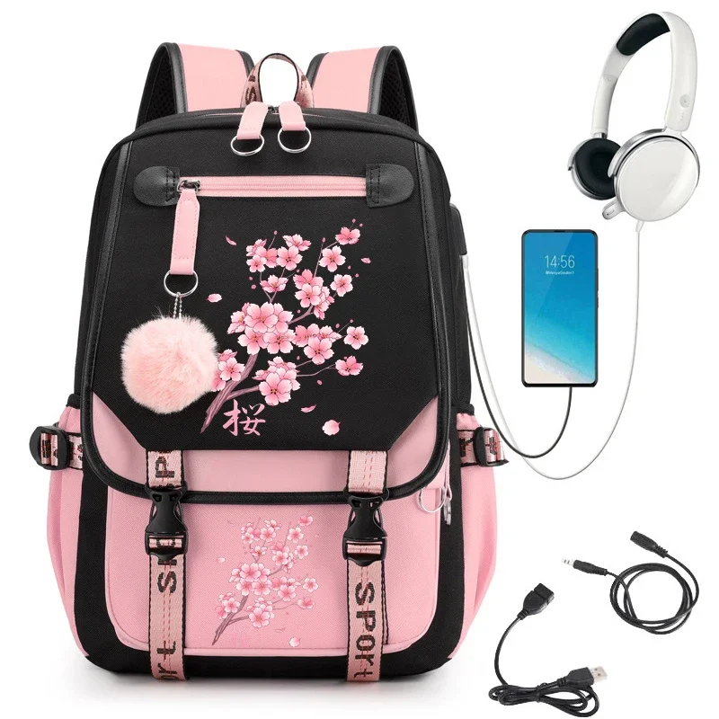 Bonito Kawaii Mochila Escolar para Meninas, Caindo Sakura, Cherry Blossom Bookbag, Adolescentes College Student Travel Shoulder Bag