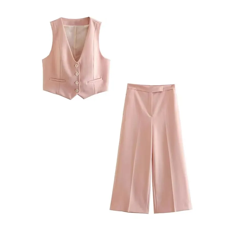 

Комплекты брюк 2023, новая мода, тонкий жилет с v-образным вырезом, розовый, с высокой талией, широкие брюки, женский блейзер, шикарный праздничный молодежный комплект из двух предметов