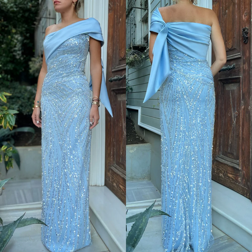 

Fashion Pleat Sequined Straight One-shoulder Long Dresses Party Dresses Sexy Exquisite Classic Modern Style