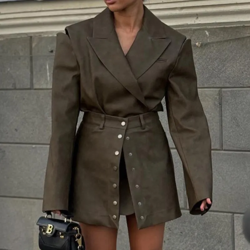 

Fashion Loose Khaki Office Women's Two Pieces Set 2025 Elegant Long Sleeve Blazer With High Waist Mini Skirt Set Female Outfits