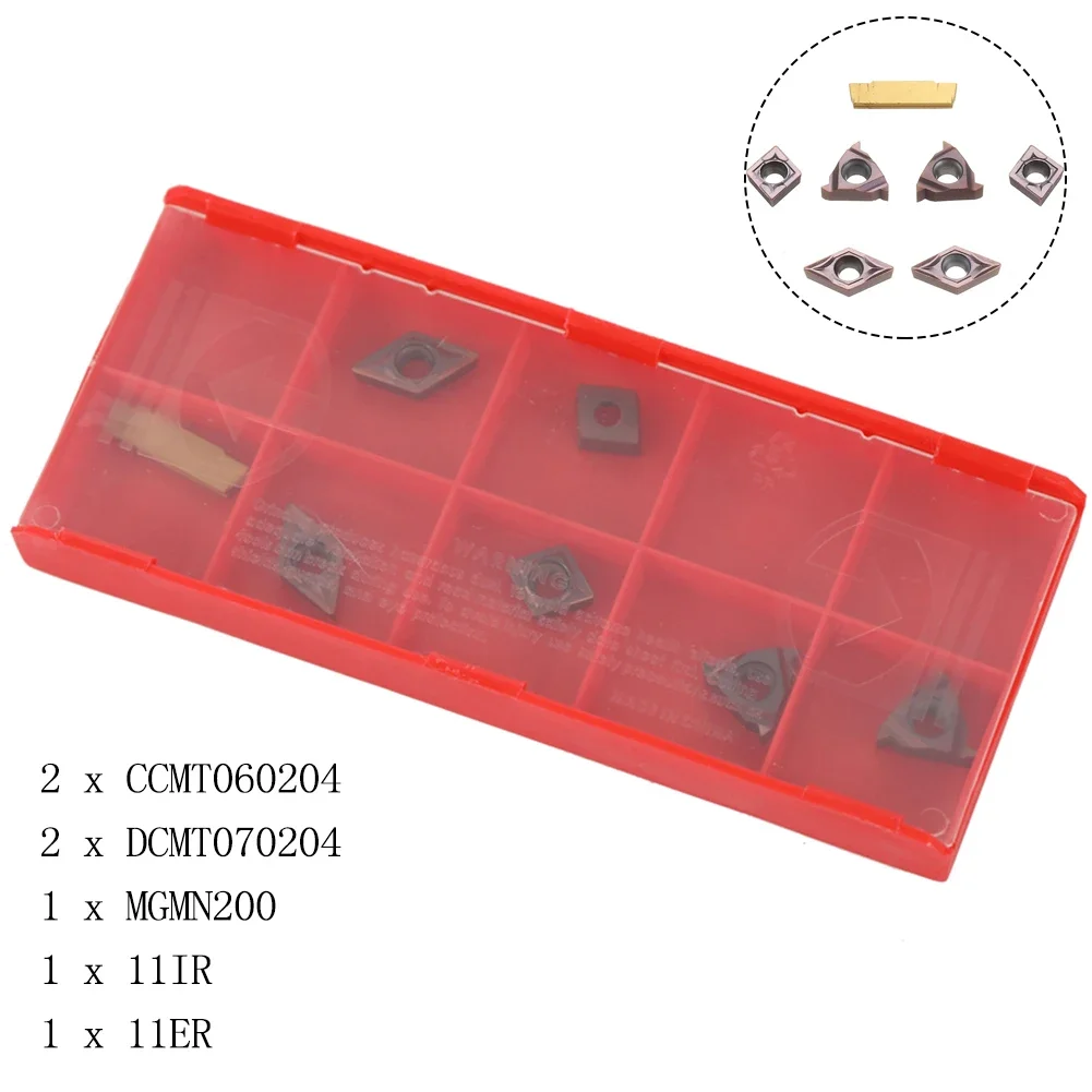 7pcs Carbide Insert Set For 10mm Shank CCMT060204/DCMT070204/MGMN200/11IR/11ER Turning Tool Holder Lathe Boring Bar Turning