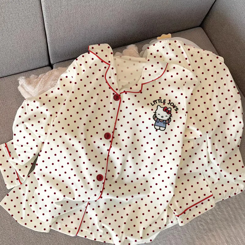 Sanrio Primavera e Autunno Hello Kitty Pigiama a maniche lunghe carino da donna Cartoon Polka Dot Cardigan con risvolto Set da casa