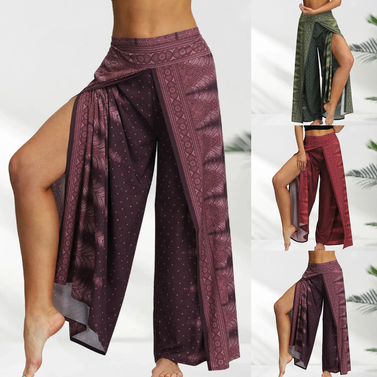 Casual Large Yoga Pants For Women Bohemian Ethnic Style Digital Printing High Waist Open Leg Wide Leg Trousers Stretch Slit 바지