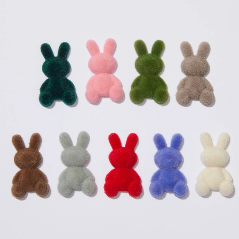 5pcs Kawaii Flocking Rabbit Resin Figurine Crafts Flatback Cabochon Ornament Jewelry Making Accessories Diy Craft Supplies