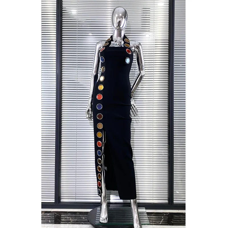 

New Summer Special Design Shining Colorful Diamonds Sexy Halter Black Bandage Dress Woman Birthday Party Dress Club Party Outfit