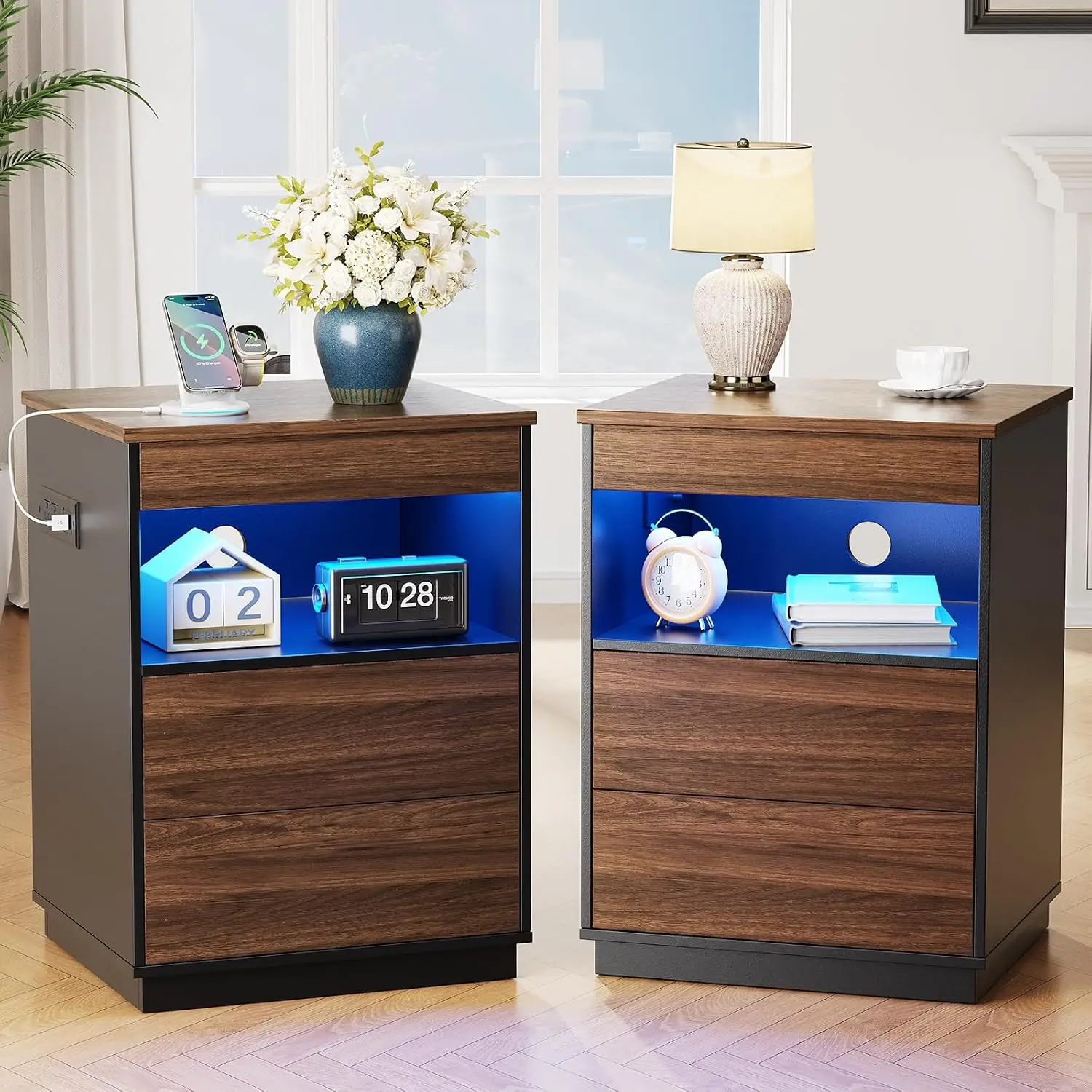 2 Pack Nightstand Set with Hidden Compartment & USB/Type-C Charging - Locking Night Stands with Gun Drawer,LED Lights,Modern Bed
