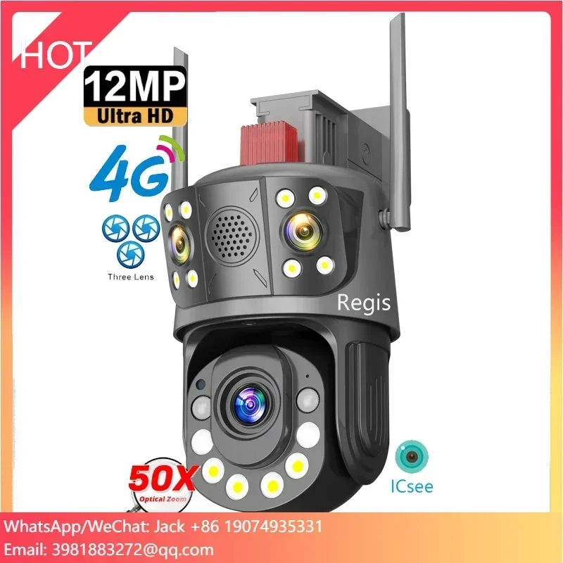 

Long Range Icsee 12MP 50X Optical Zoom 4G Sim Card IP Camera 3 Lenses Triple Screen Waterproof Smart Home Network Camera