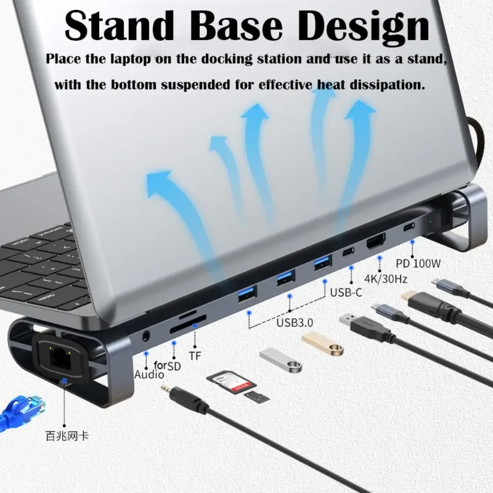 

FC&EC Aluminum 4K HDTV 10 in 1 Type-C Hub PD 100W Charging USB 3.0 Data Transfer USB-C Docking Station Laptop Stand Base