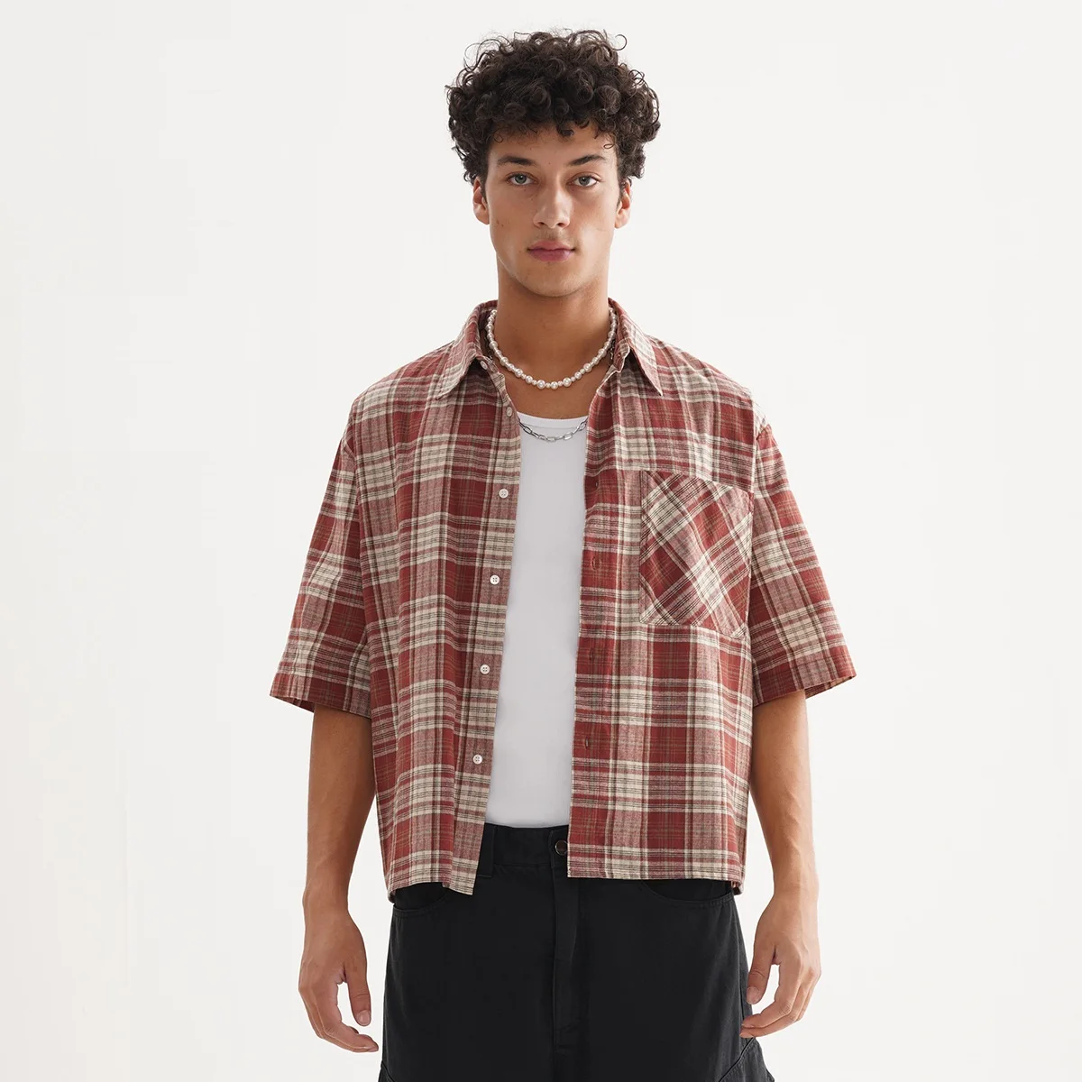 

Men's clothing High quality loose popular short grids shirt casual fashion cardigan button short sleeve shirt
