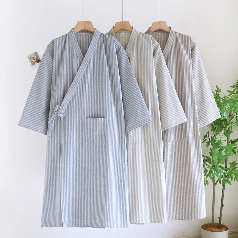 Japanese Kimono Nightgown Men's Light and Breathable Summer Spring Autumn Men's Long Kimono Nightgown Loose Robe For Men M L XL