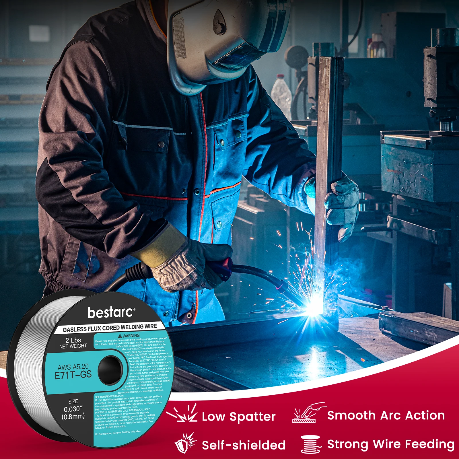 bestarc Flux Core Welding Wire, 0.030” E71T-GS Gasless MIG Wire, Mild Steel MIG Welding Wire with Low Splatter, 2-Pound Spool